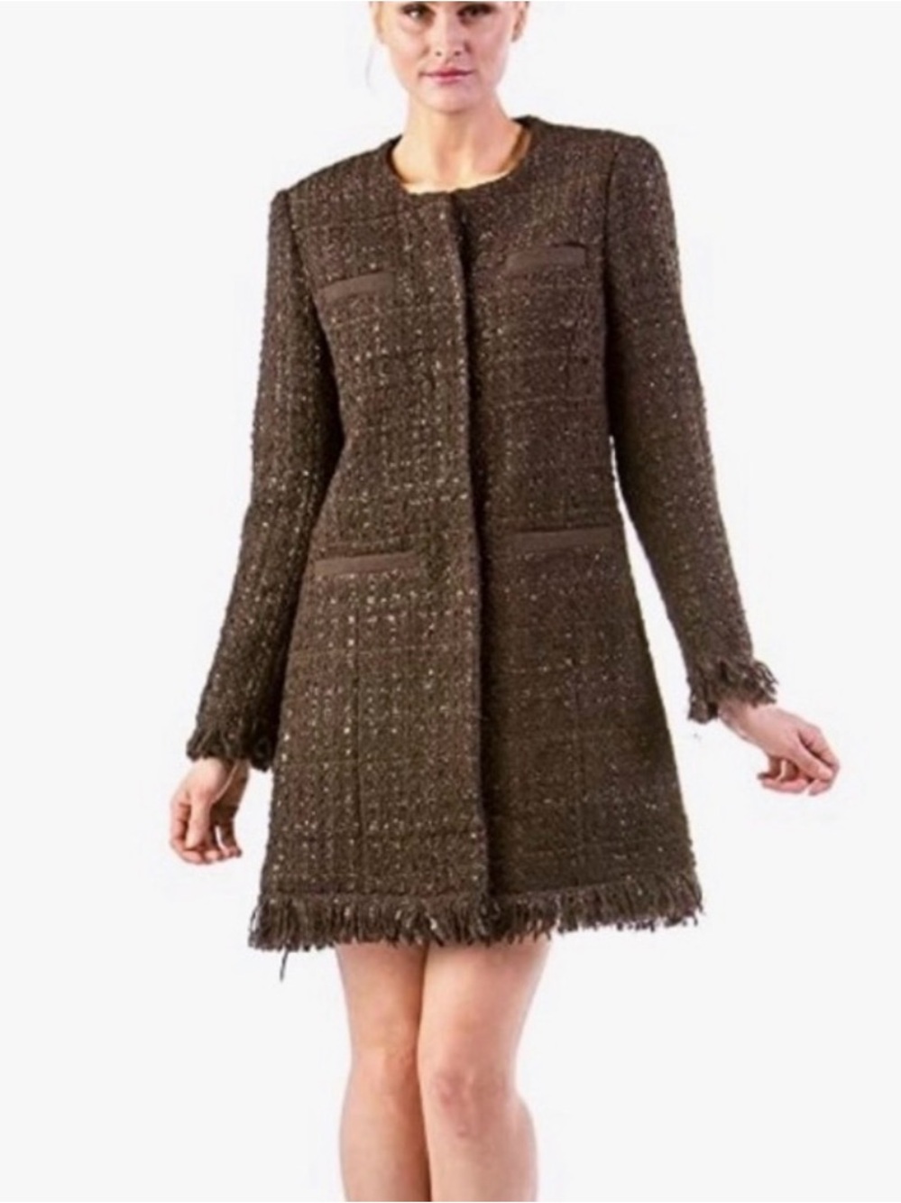 Vertigo Paris Tweed Wool Coat Brown Metallic Boucle Fringed Preppy France Small